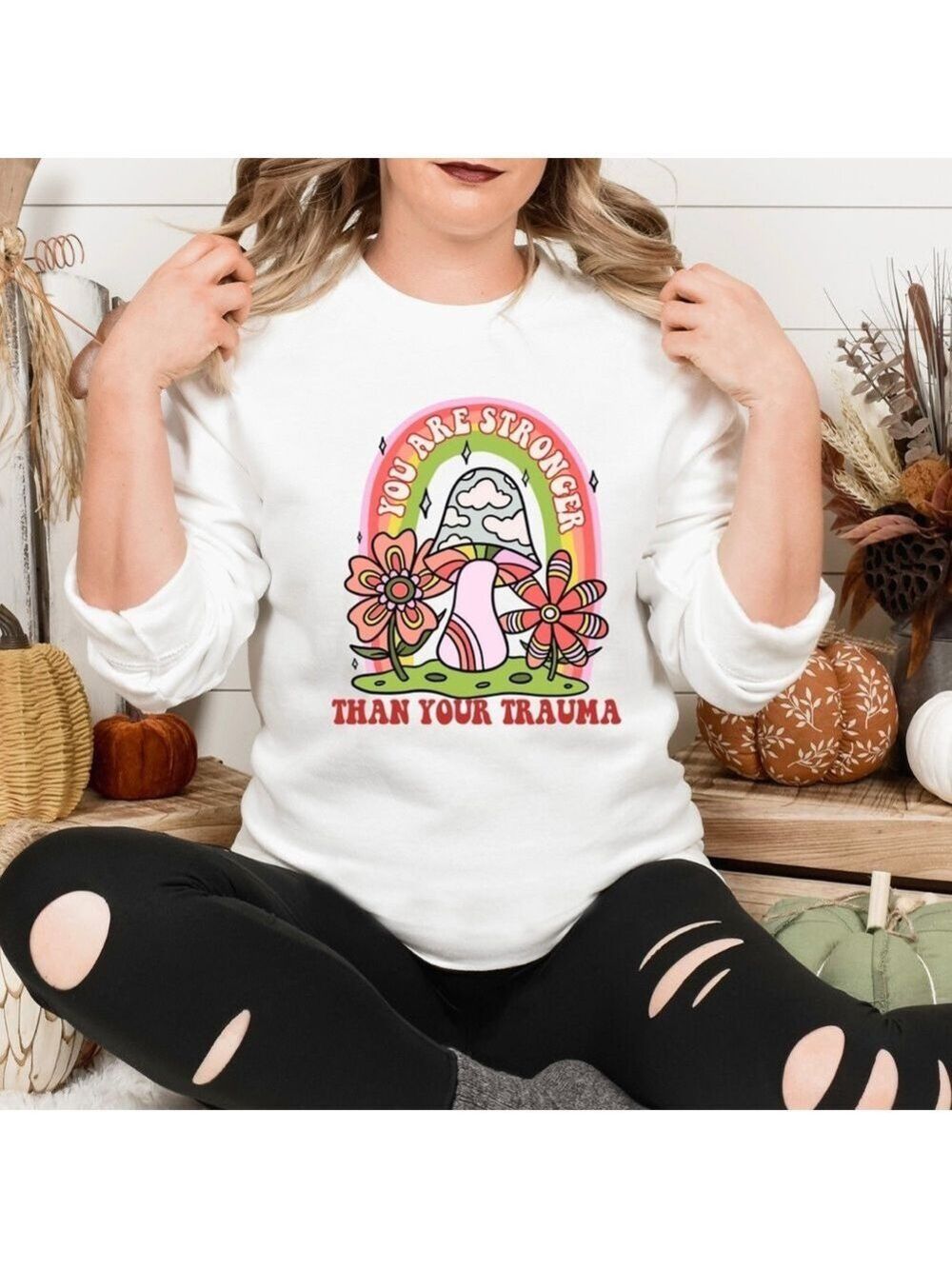 Stronger than trauma mental health graphic crewneck sweatshirt oversized XL - Picture 2 of 10